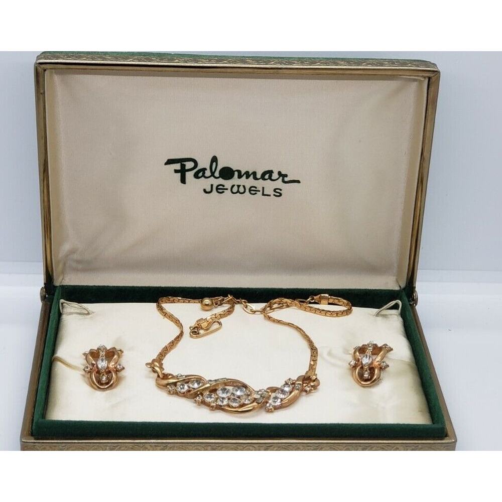 Vintage Gold Necklace Choker Earrings Rhinestone Set Palomar Jewels NOS in Box